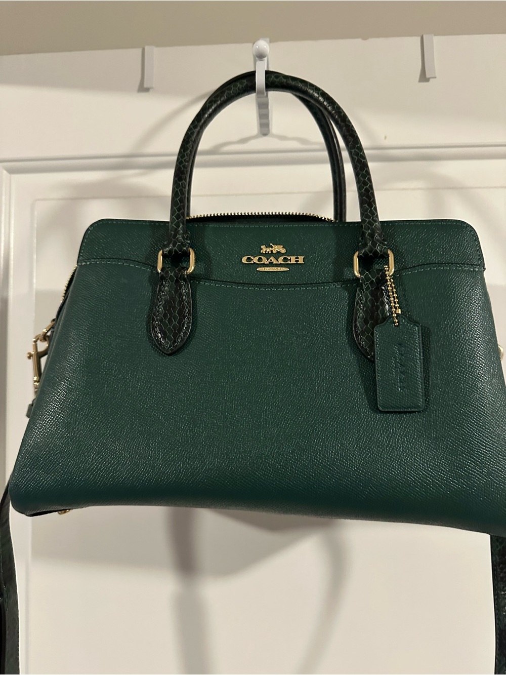 Coach Green Leather Satchel Bag with Snake Print Trim
